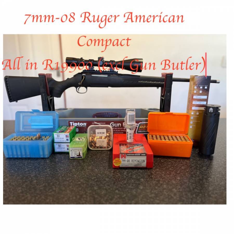 Ruger American Compact 7mm-08, Sold as a package. No single items sold.

Barrel break indone with the 31shots through the barrel. Still brand new. 
Rifle comes with the following:-
1. Ruger American Compact 7mm-08
2. Warrior Shorty Silencer
3. Lynx LX2 3.5-10x50 Scope -SA Hunter Reticle
4. 89 Norma cases (11 once fired)
5. Bullet Points.... Sierra Pro-Hunter, PPU and Peregrine
6. Hornady Match Grade Dies
8. Lee 7mm-08 Quick Trim Dies
Total replacement value in excess R30k

 