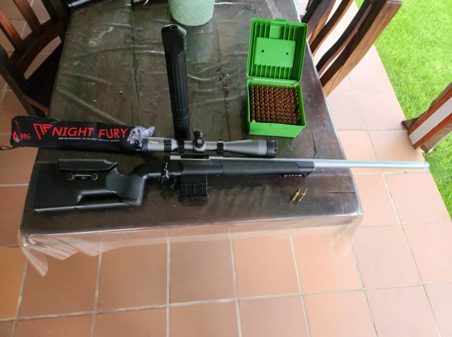 SABATII TACTICAL, Excellent condition, almost brand new. +/- 250 rounds through the barrel. Barrel 28inc. The rifle comes with the following:
a Sig Sauer Tango 4 6-24 x50 Scope.
Night Fury silincer.
Reloading die.
99 ammo ready loaded in Lapua case.

The rifle shoots sub moa 10 rounds easy.
Rifle and barrel is stainless steal and has a multi radial rifling barrel. 