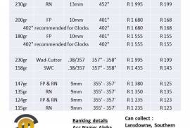 POLYMER COATED BULLETS, ZMB, Premium Manufacturer of cast lead bullets, coated with the latest Hi-Tek Supercoat and Polymer offerings available in the industry resulting in significant reduction of smoke and fouling.
Setting the New Gold Standard, achieving superior results utilizing the latest technology.
Bullets are available in most common calibers and weights via specific agents throughout South Africa.
230gr 45 RN @ R1,995;   
180gr  .40 FP @ R1,555   ;     
115gr 9mm RN @ R1,235   ;   
124gr 9mm RN & FP @ R1,235   ;   
135gr 9mm RN @ R1,350   ;   
147gr 9mm @ R1,380  
 
Courier for buyers account or collection Cape Town
 