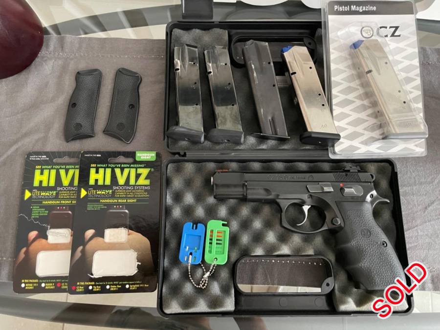 CZ 75 - B 9mm Para Pistol in Brand New Condition, CZ 75 - B 9mm Para Pistol in Brand New Condition
Hi-Viz Lumo Sights with multiple colour options
Upgrade grip + Original Grip
5 Magazines 
Tyron - 0726106770