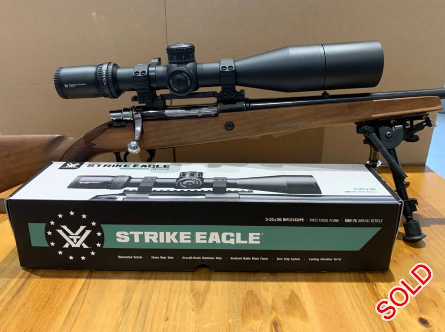 Vortex Strike Eagle rifle scope, Scope is in mint condition. Comes with MDT Premium rings(medium) and a Vortex Lo Pro bubble level. Standard with scope- all accessories included. New value R 28000