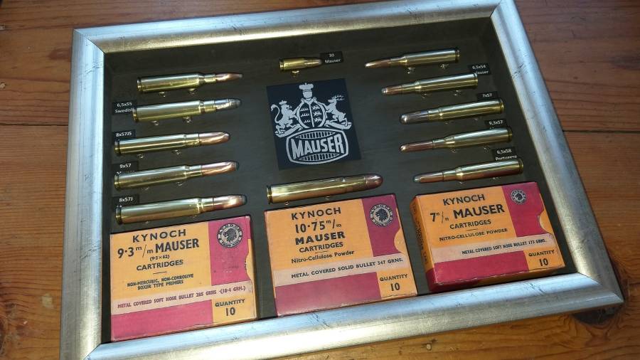 MAUSER DISPLAY COLLECTION, Mancave art at its best. Mauser cartridge collection.  Completes your Mauser rifle collection.  All deactivated cartridges, no permit required R1250. Trevor 