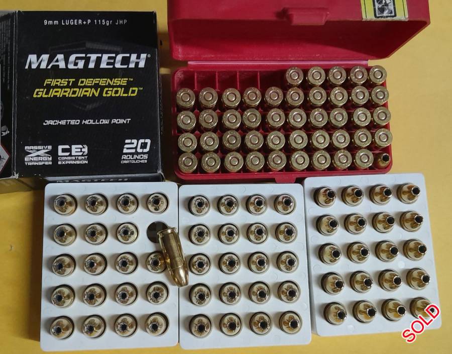 9mmP +P JHP, 115gr JHP Magtech First Defense Guardian Gold +P hollow points. Collect in Cape Town. Licence required.