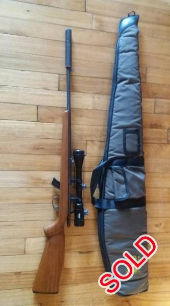 .22 CBC, .22 Long rifle with silencer in very good condition. Extremely quiet. 200 rounds and Rifle bag included in price. Brand new Bushnell 3-9x40 OEG Telescope fitted. Very accurate. Lumminated cross hairs green/red.
 