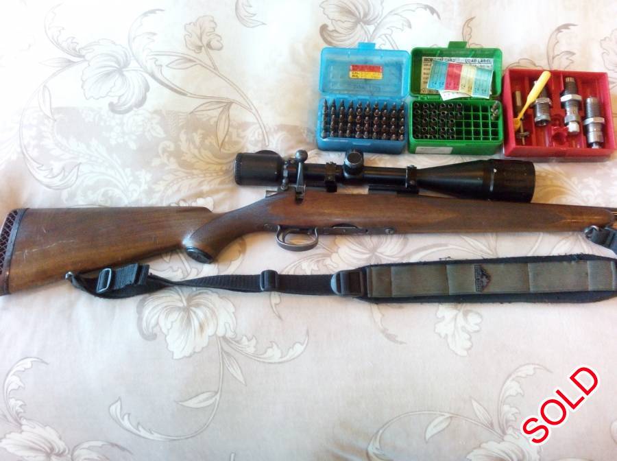 Sako 222, Sako 222 with silencer,bases and rings, 50 bullets, 50 shells and die set. No scope. Port Elizabeth .
very accurate and light. Excellent stalking rifle. Nice for impala springbuck blesbuck deer etc. 