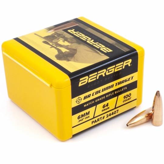 Berger 6mm 64gr Bullets, BERGER 6MM 64 GR BR COLUMN TARGET
R410 per pack of 100
