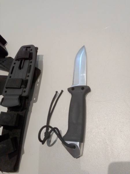 Gerber LMF II , Awesome knife with awesome features. Too many to list- a quick Google search will verify. Removed the black paint from blade and pommel. Was simply a thin coat of paint and no more. Comes with sheath which features a built in sharpener and two leg straps. Really solid piece of kit.