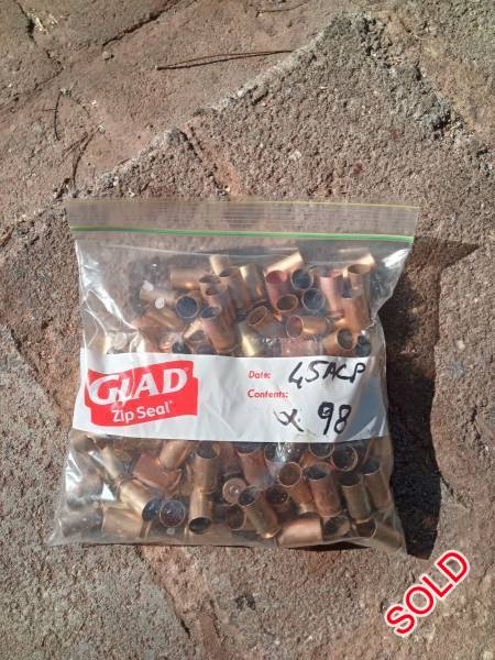 Used 45acp brass for sale, 98 used 45acp cases, various head stamps. R245.00