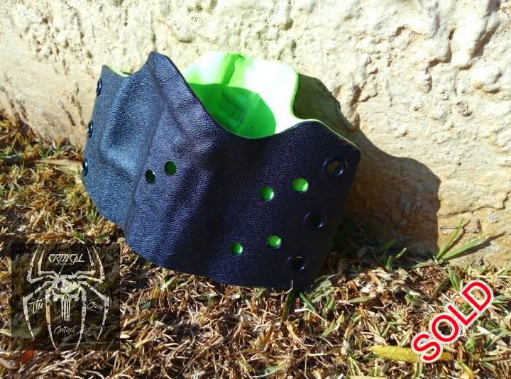 Custom kydex holster, Custom holster made by Critical carry solution.
tactical but practical, out side side carry with concealment.
Pssive retention

Tactical black with Toxic Green

Never been used