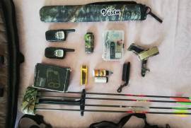 PSE Sting Compound bow with accessories, PSE Sting Compound bow(right handed) with accessories:
1. Bag
2. Bow Sling bag
3. Action camera (fits to bow)
4. Trigger
5. Maintenance kit
6. Arrow head kit
7. Walkie-talkies
8. Arrow puller
9. Arm guard
10. Rangefinder
 