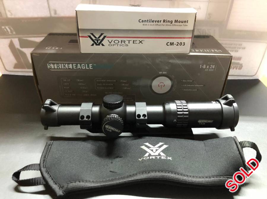 VORTEX STRIKE EAGLE , VORTEX STRIKE EAGLE 1-6 X 24 AR-BDC RETICLE  , SECOND FOCAL PLANE  AND VORTEX CANTILEVER RING MOUNT WITH 3 INCH OFFSET
R10000.00 FOR SCOPE AND MOUNT.