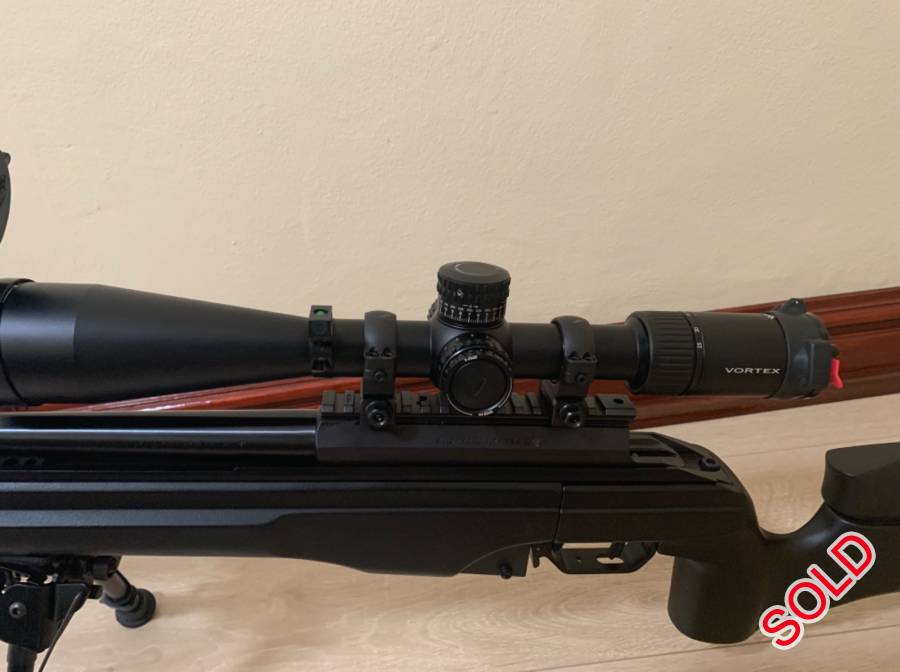 Sako TRG22 308 and Vortex PST II scope, I’m selling my Sako TRG22 .308. 

The rifle is like new in mint condition.

As a package with:

Vortex PST II 5-25x50 EBR2C scope
Sustech adjustable scope rings with 40MOA shims
Harris bipod

Package R70k

To be booked in at dealer.
