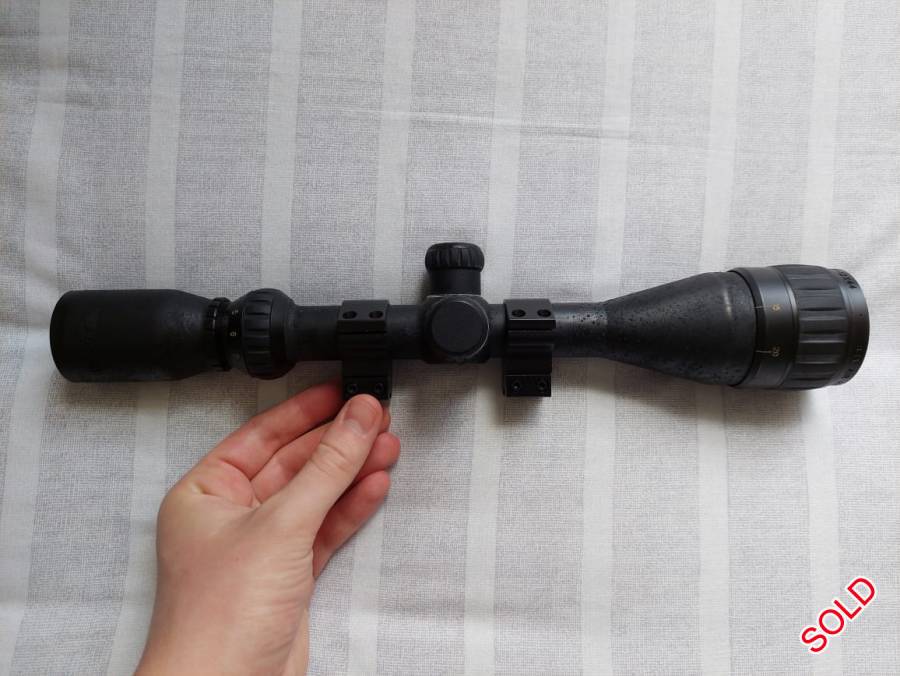 BSA Air Rifle Scope 3-12X44, The scope's rubberized coating has started to deteriorate due to age, but it's entirely functional and the glass doesn't have any scartches or imperfections. 
This is an opportunity to own a good quality brand scope at a really low price.

Buyer pays for shipping via Courier Guy. Payment is either in person or via EFT, after which the scope will be shipped upon reflection of payment.