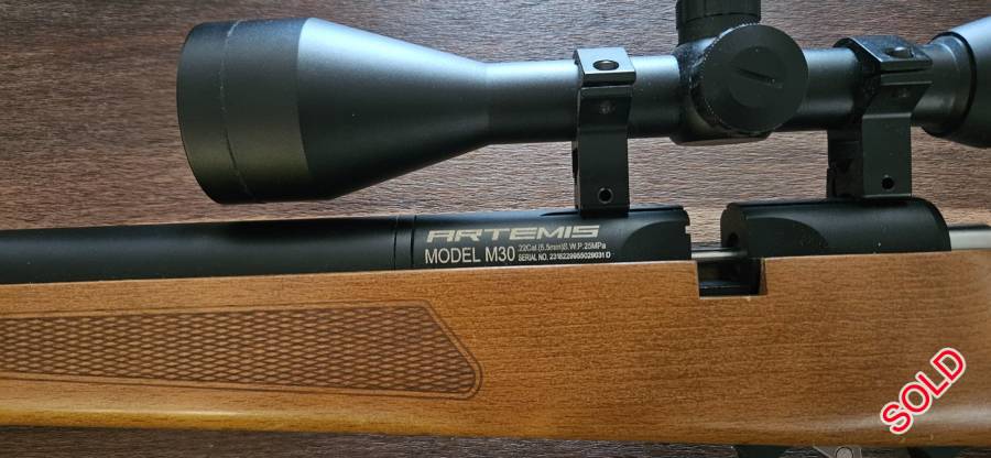 ARTEMIS M30 AS NEW PCN WITH 3-9X50IR SCOPE, AS NEW - upgraded the scope on purchase in 2019. Bought from blades and trigggers, Tyger Valley. Perfect working condition, used maybe 10 times. Selling as I am emigrating.
Includes additional magazine and tin of pellets (new) + leftover pellet tins.